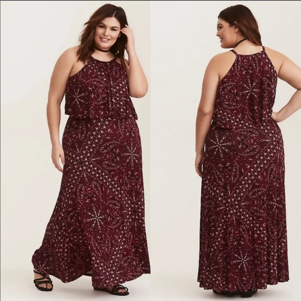 πHPπ Torrid Drape Top Halter Neck Burgundy Maxi Dress, Size 0 - Picture 1 of 14